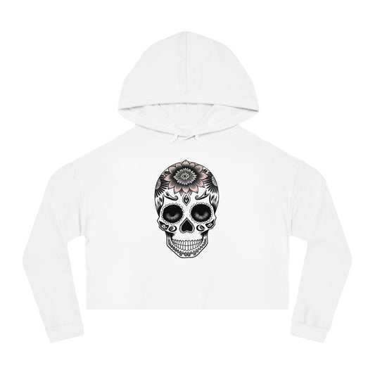 Cropped Hoodie with Floral Skull Design, Halloween Sweatshirt, Stylish Casual Top, Trendy Day of the Dead Apparel, Unique Gift for Her