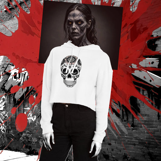 Cropped Hoodie with Floral Skull Design, Halloween Sweatshirt, Stylish Casual Top, Trendy Day of the Dead Apparel, Unique Gift for Her