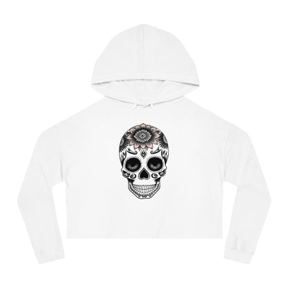 Cropped Hoodie with Floral Skull Design, Halloween Sweatshirt, Stylish Casual Top, Trendy Day of the Dead Apparel, Unique Gift for Her